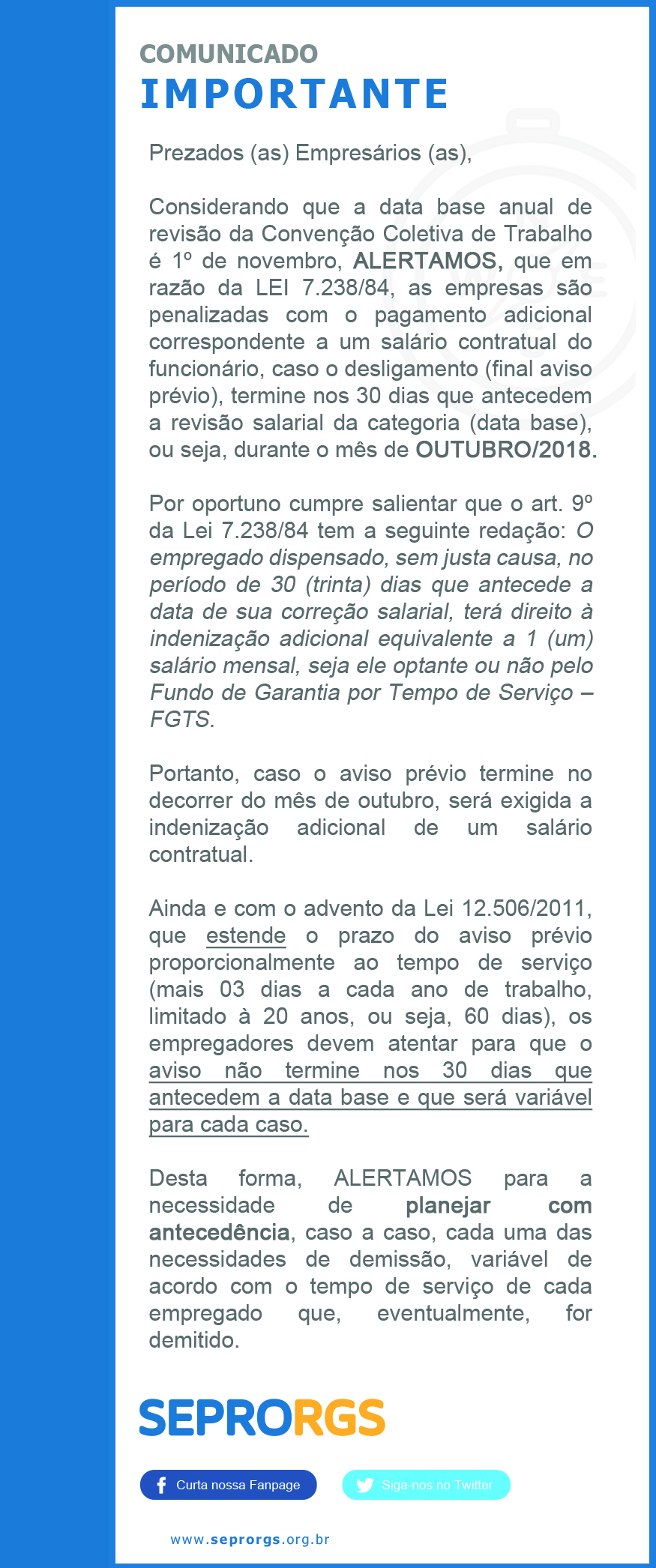 Comunicado: Data Base - Rescisões de Contrato de Trabalho - Trintídio - 