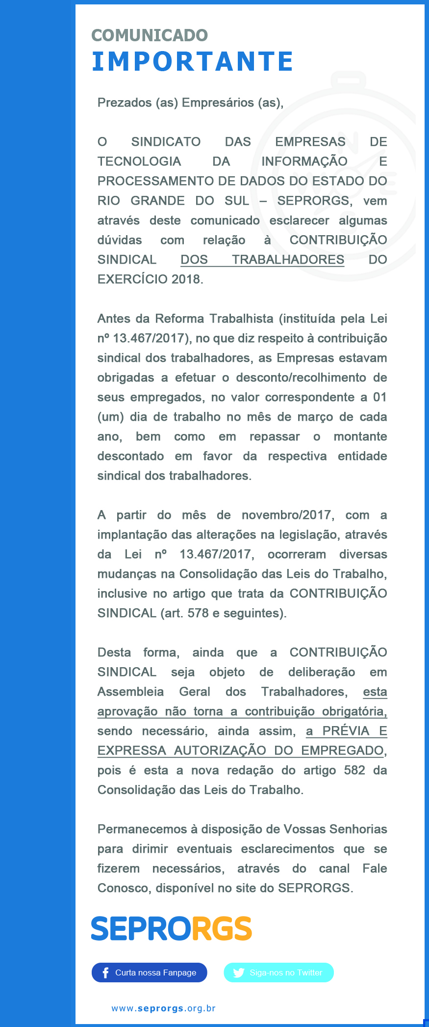 Comunicado Importante: Contribuição Sindical dos Trabalhadores - Exercício 2018 - 