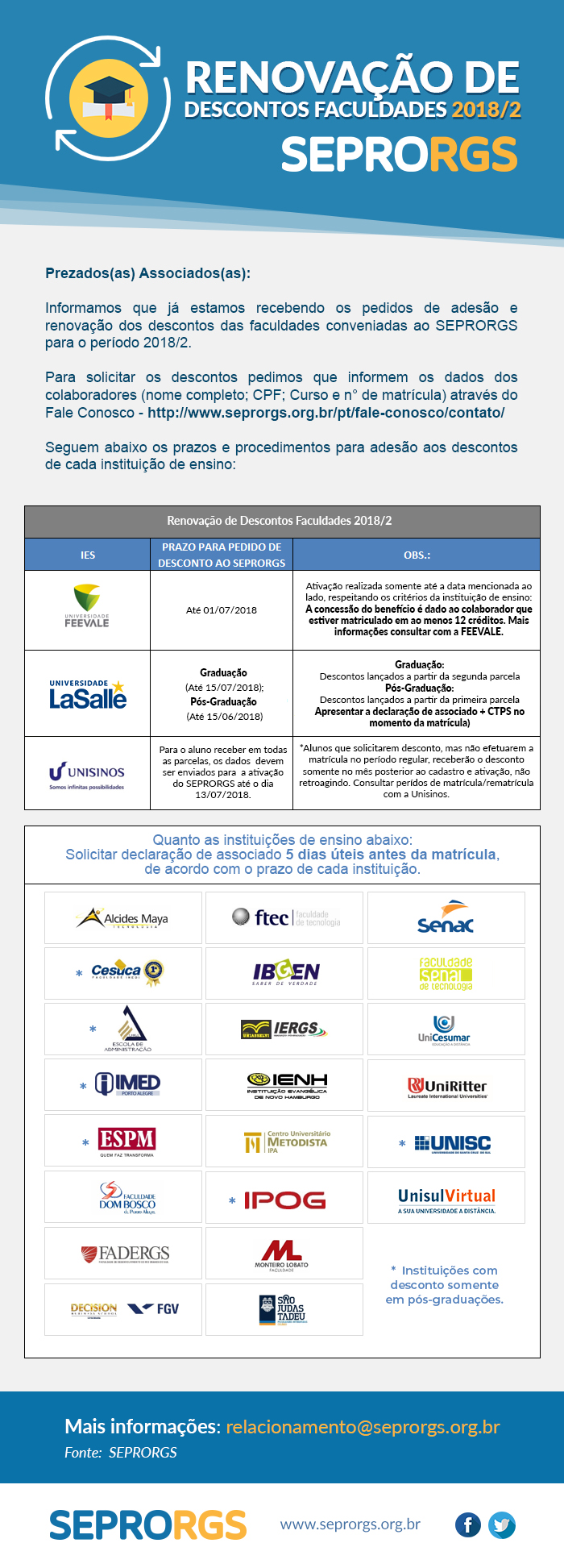 Calendário de Descontos - Instituições de Ensino Superior 2018/2 - 