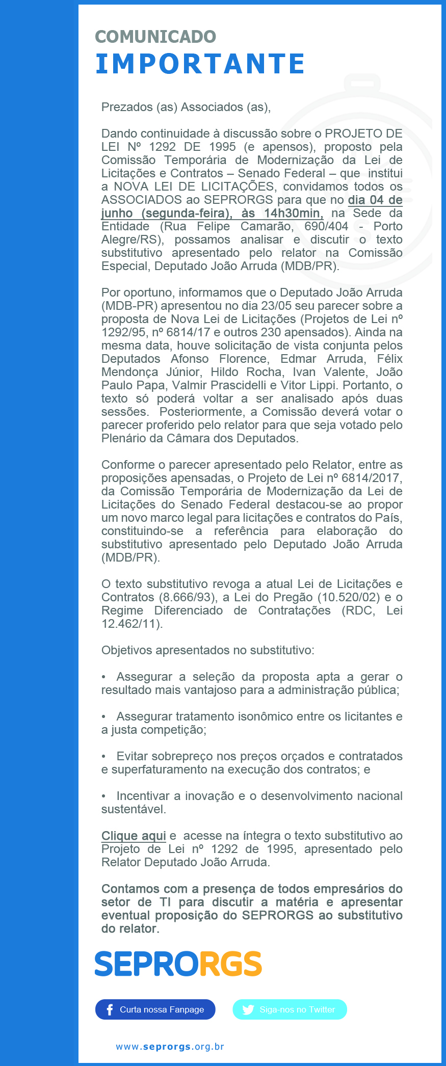 Associado SEPRORGS: Saiba mais Sobre a Nova Lei de Licitações - PL 6814/2017 (PL 1292/1995) (1) - 