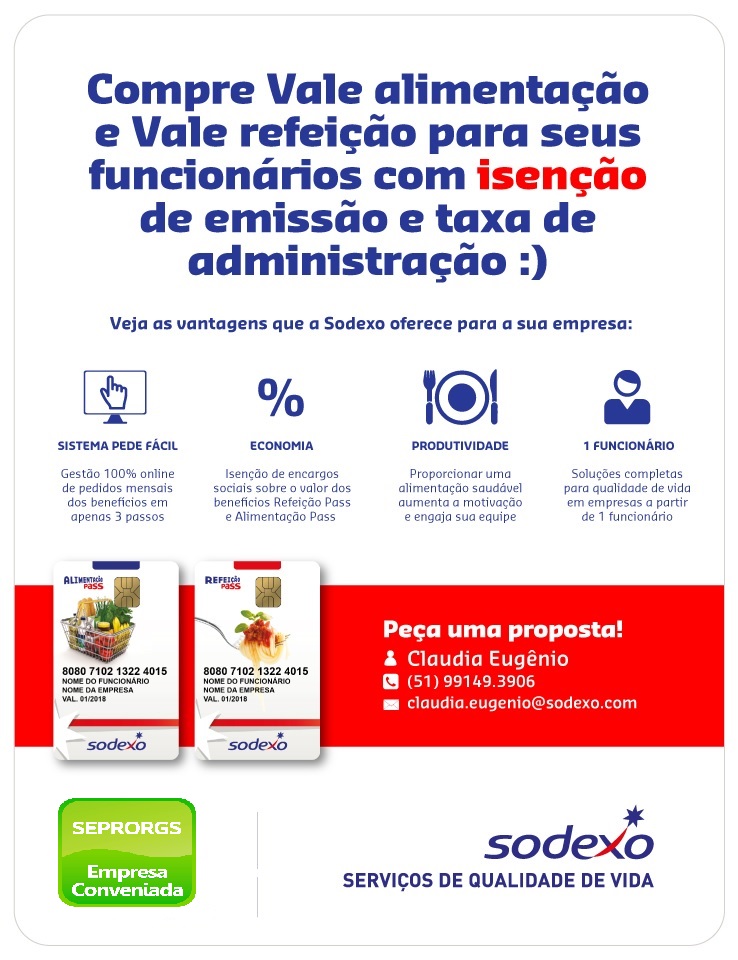 PARCERIA SODEXO E SEPRORGS PROPORCIONA VANTAGENS EXCLUSIVAS PARA VOCÊ ASSOCIADO! ISENÇÃO DE TAXAS! - 