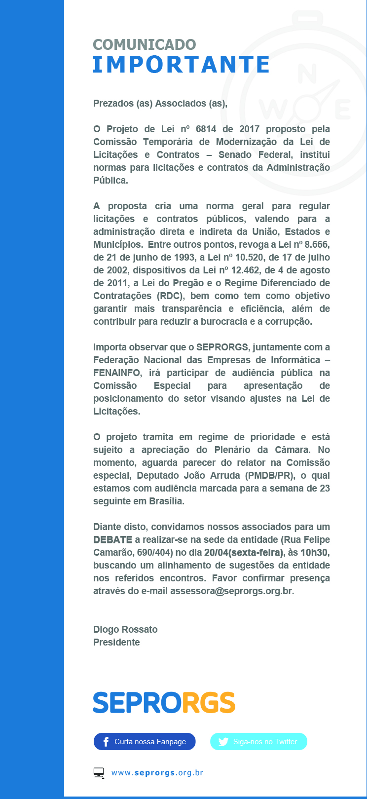 Comunicado Importante: Debate para ajustes na Lei de Licitações - 