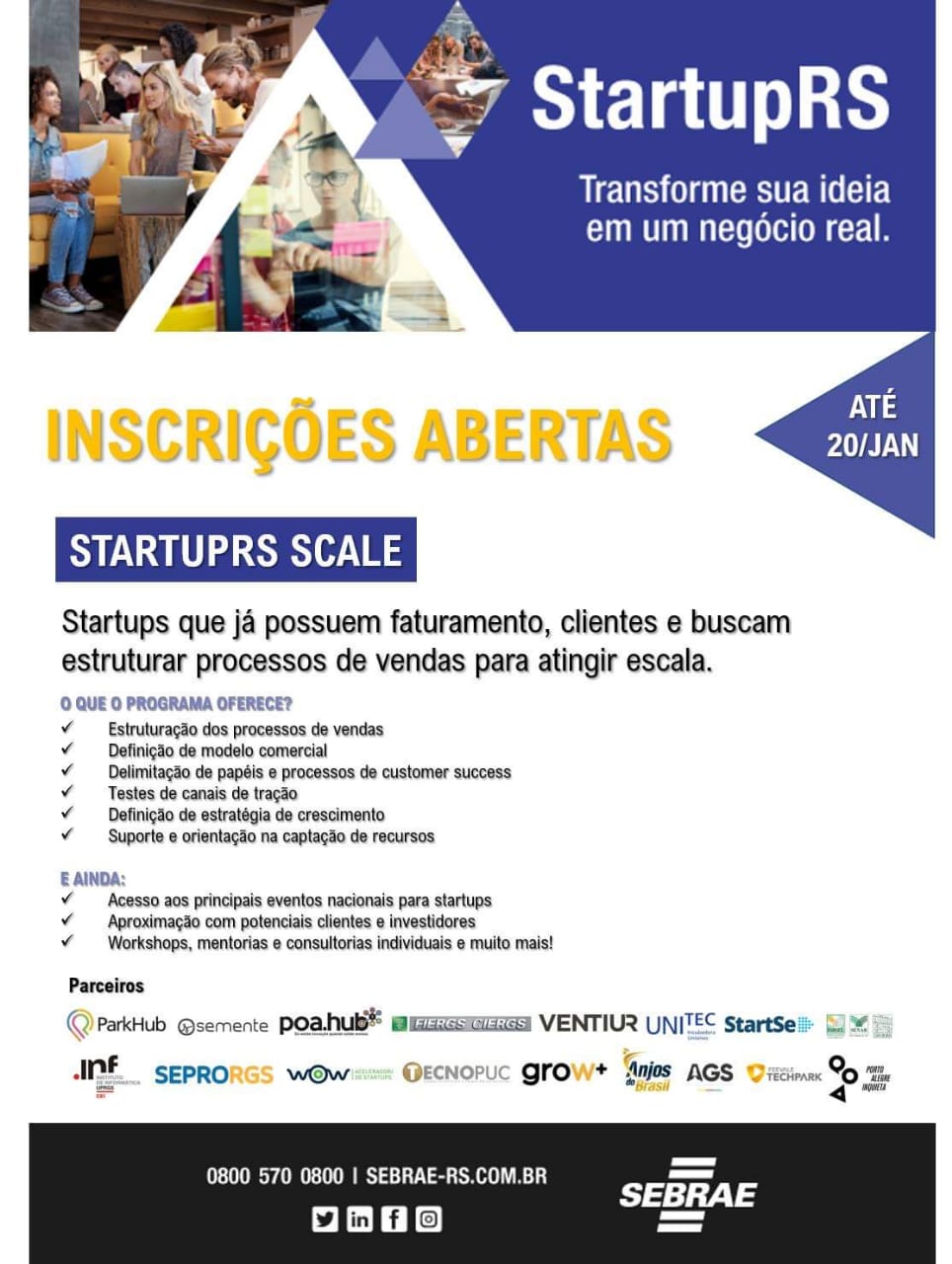 Inscrições abertas para o StartupRS Scale do SEBRAE-RS - 
