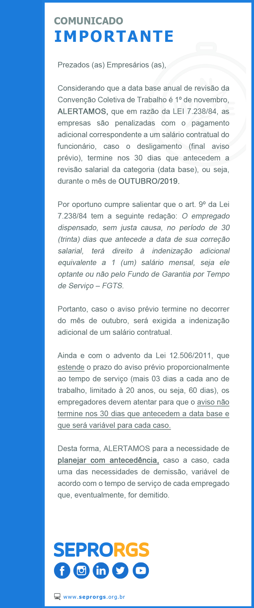 Comunicado Importante: Data Base - Rescisões de Contrato de Trabalho - Trintídio - 