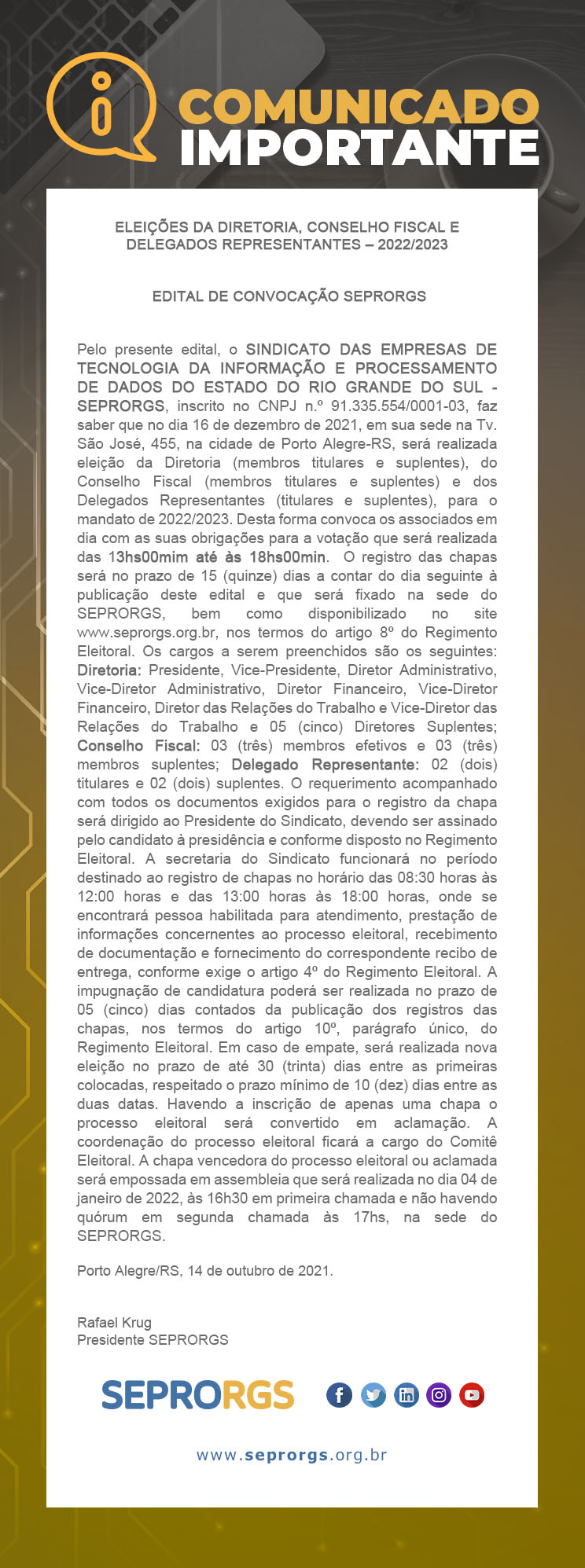 Edital de Convocação SEPRORGS: Eleições da Diretoria, Conselho Fiscal e Delegados Representantes – 2022/2023 - 