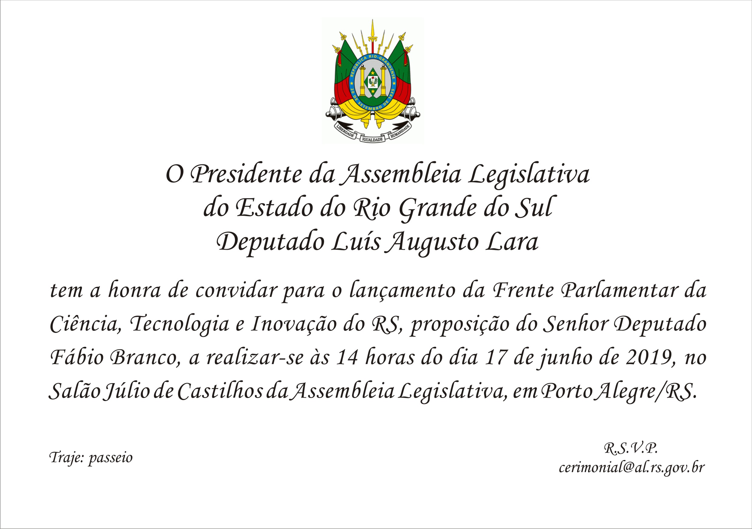 Lançamento da frente parlamentar da ciência, tecnologia e inovação do RS - 