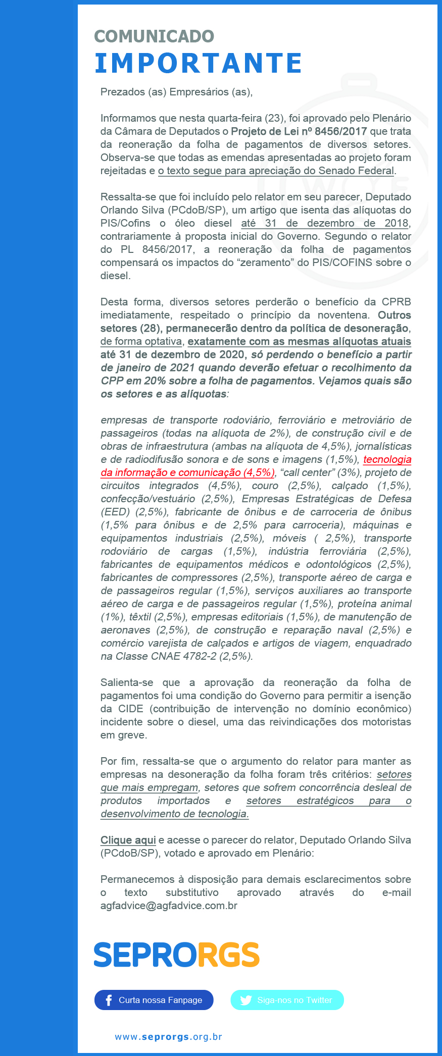 Comunicado Importante: Reoneração da folha de pagamentos - Projeto de Lei 8456/2017 - 