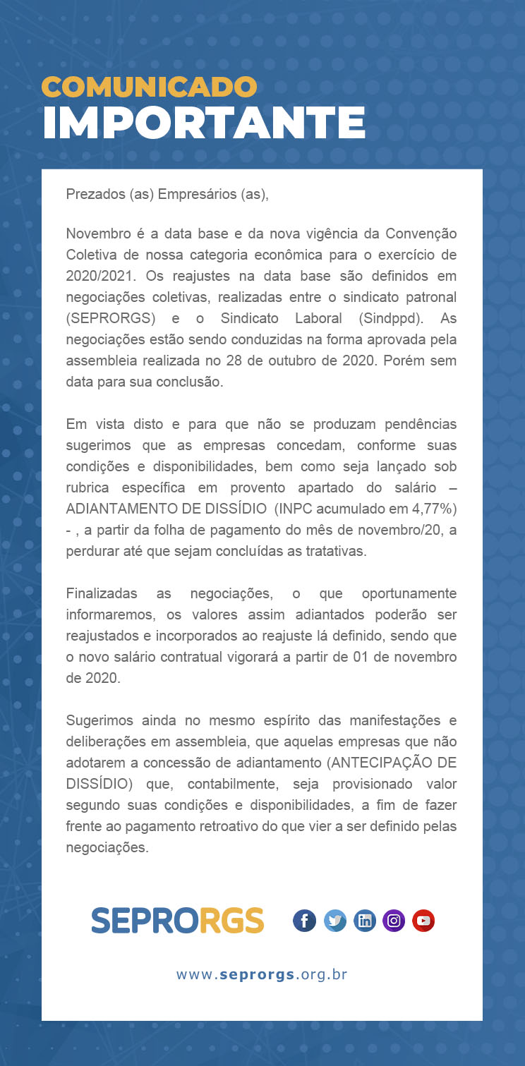Comunicado Importante: Convenção Coletiva de Trabalho 2020/2021- antecipação de Dissídio - 
