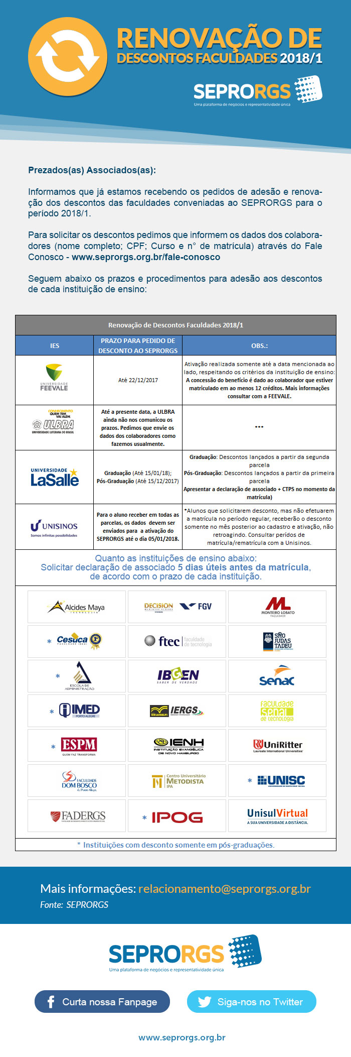 Calendário de Descontos - Instituições de Ensino Superior 2018/1 - 