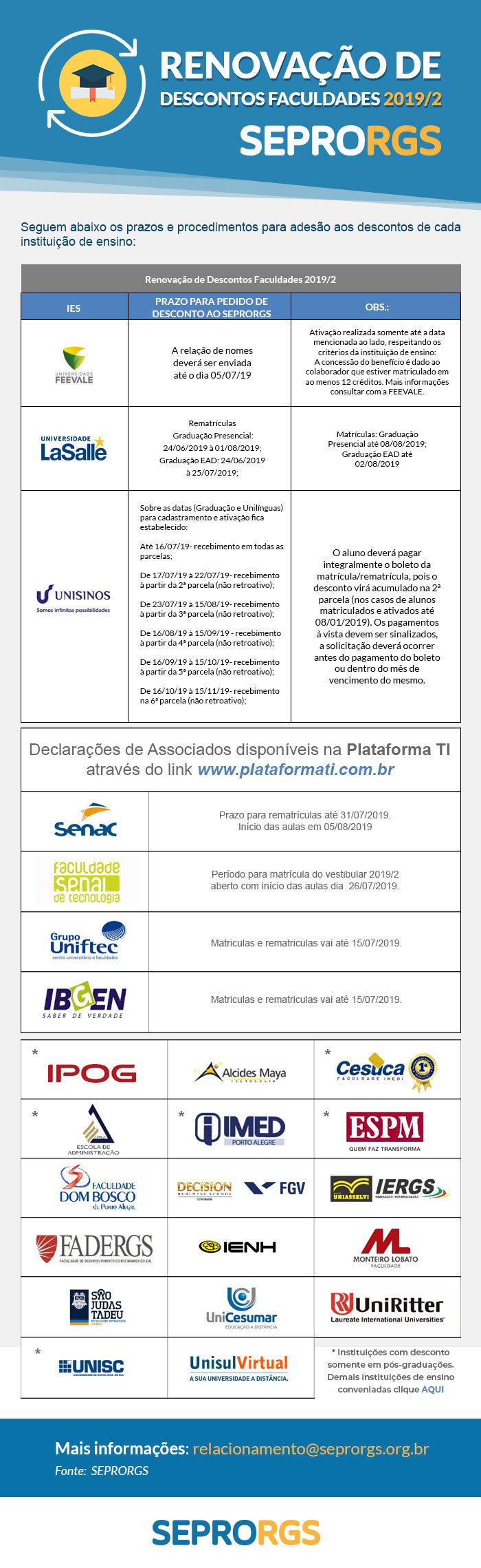 CALENDÁRIO DE DESCONTOS - INSTITUIÇÕES DE ENSINO SUPERIOR 2019/2 - 