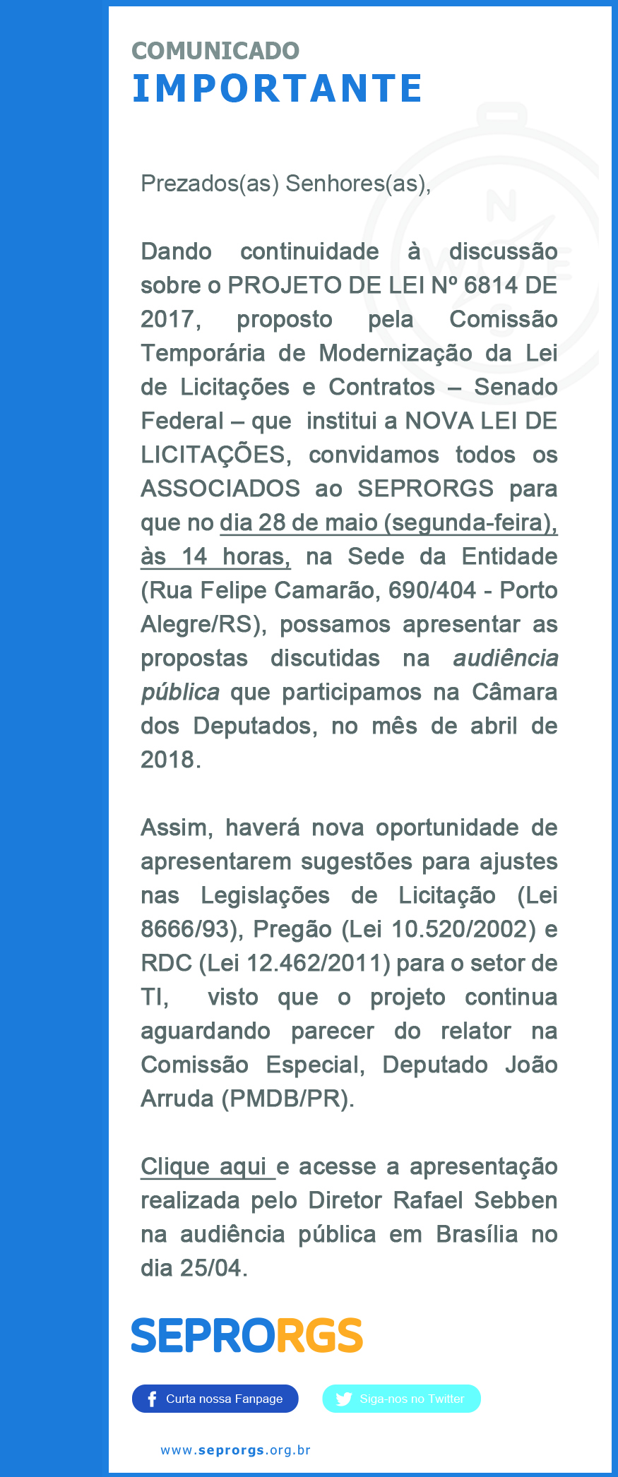 Associado SEPRORGS: Saiba mais sobre a Nova Lei de Licitações - PL 6814/2017 (PL 1292/1995) - 