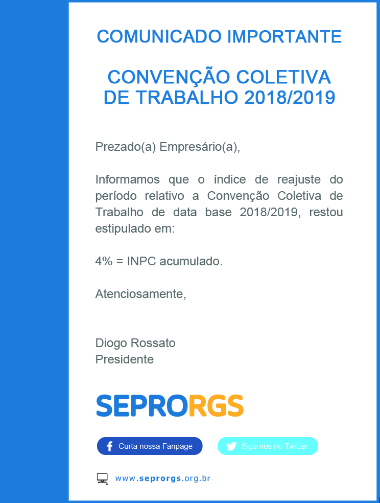 Comunicado importante - convenção coletiva de trabalho 2018/2019 - 
