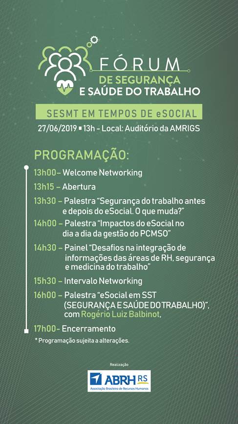 PARTICIPE DO Fórum de Segurança e Saúde do Trabalho da ABRH-RS - 